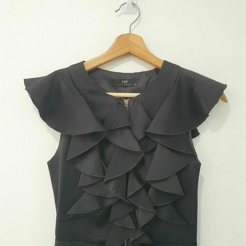 Black Satin Ruffle High Neck Zip Office Midi Dress