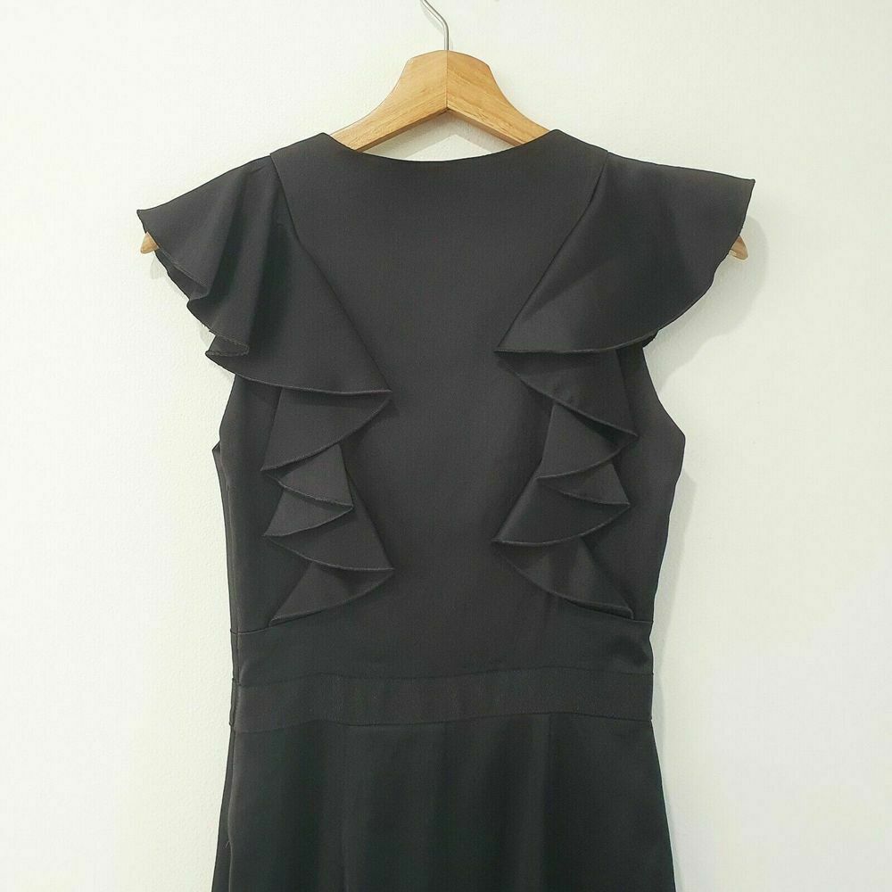 Black Satin Ruffle High Neck Zip Office Midi Dress