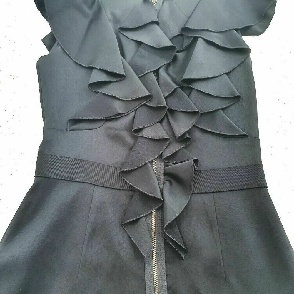 Black Satin Ruffle High Neck Zip Office Midi Dress