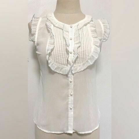White Sheer Pearl Button Down Ruffle Office Shirt Blouse Top