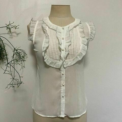 White Sheer Pearl Button Down Ruffle Office Shirt Blouse Top
