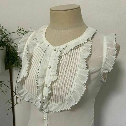 White Sheer Pearl Button Down Ruffle Office Shirt Blouse Top