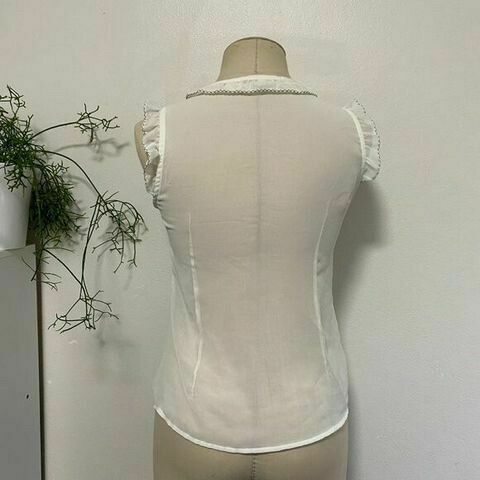 White Sheer Pearl Button Down Ruffle Office Shirt Blouse Top