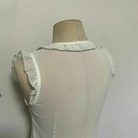 White Sheer Pearl Button Down Ruffle Office Shirt Blouse Top