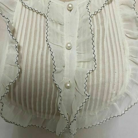 White Sheer Pearl Button Down Ruffle Office Shirt Blouse Top