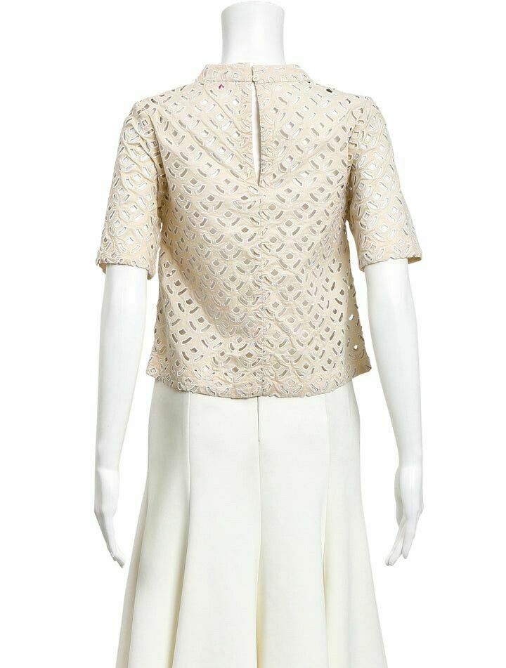 Cream Embroidered Broderie Cotton High Neck Blouse Top