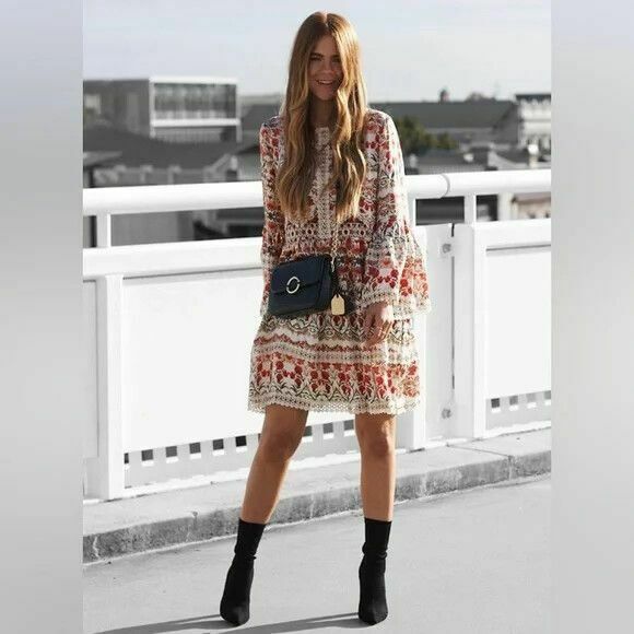 Garden Oasis Print Silk Eyelet Long Sleeve Mini Dress