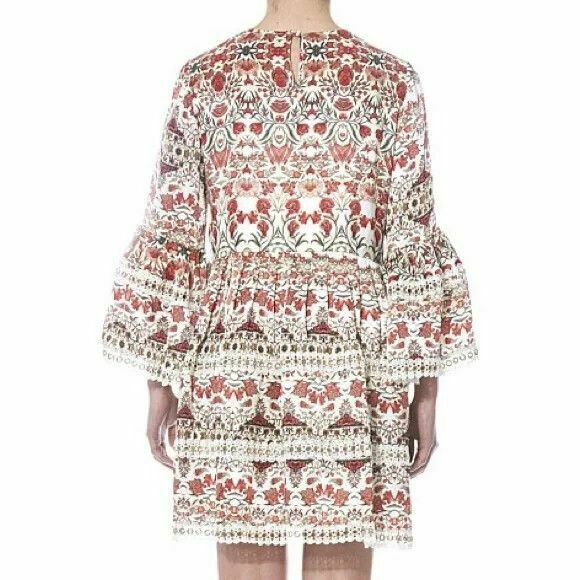 Garden Oasis Print Silk Eyelet Long Sleeve Mini Dress