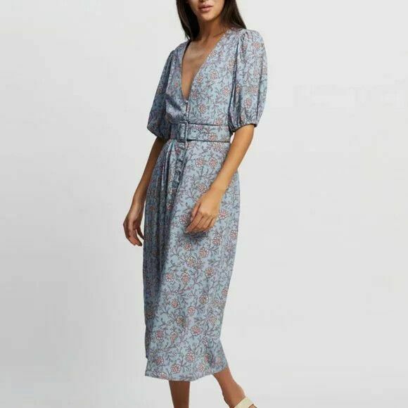 Aurora Helena Blue Floral Belted Puff Sleeve Midi Dress