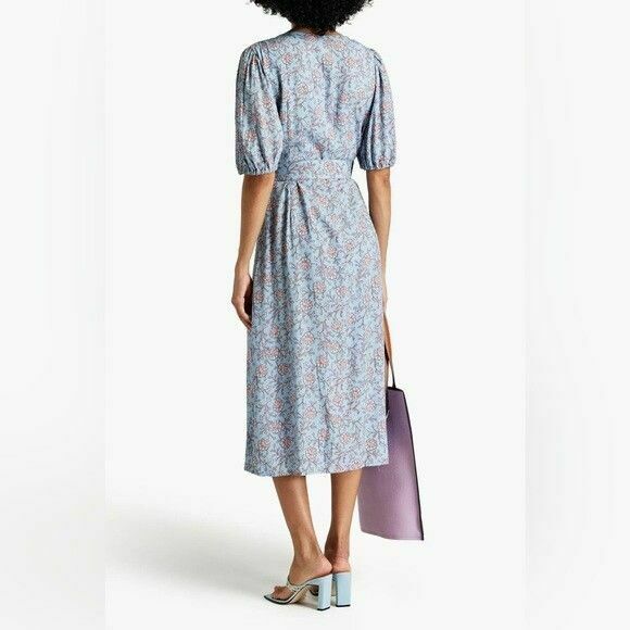 Aurora Helena Blue Floral Belted Puff Sleeve Midi Dress