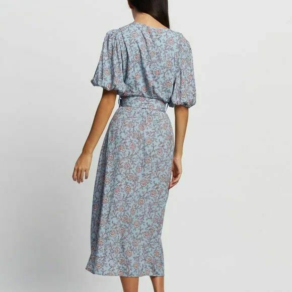 Aurora Helena Blue Floral Belted Puff Sleeve Midi Dress