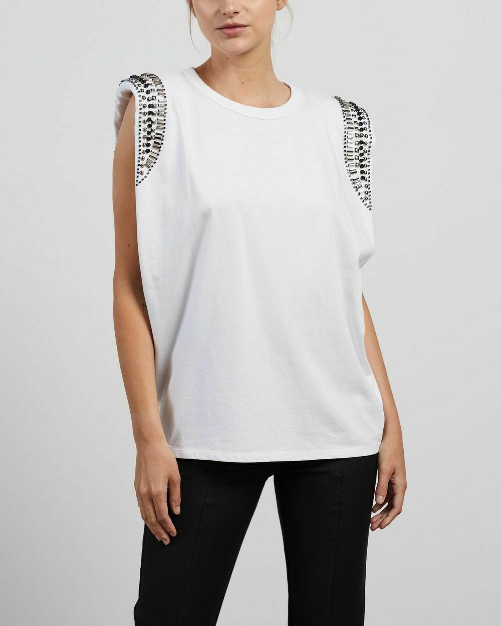 Moon Rider Embellished White Cotton Crew Neck Tee Tank Top