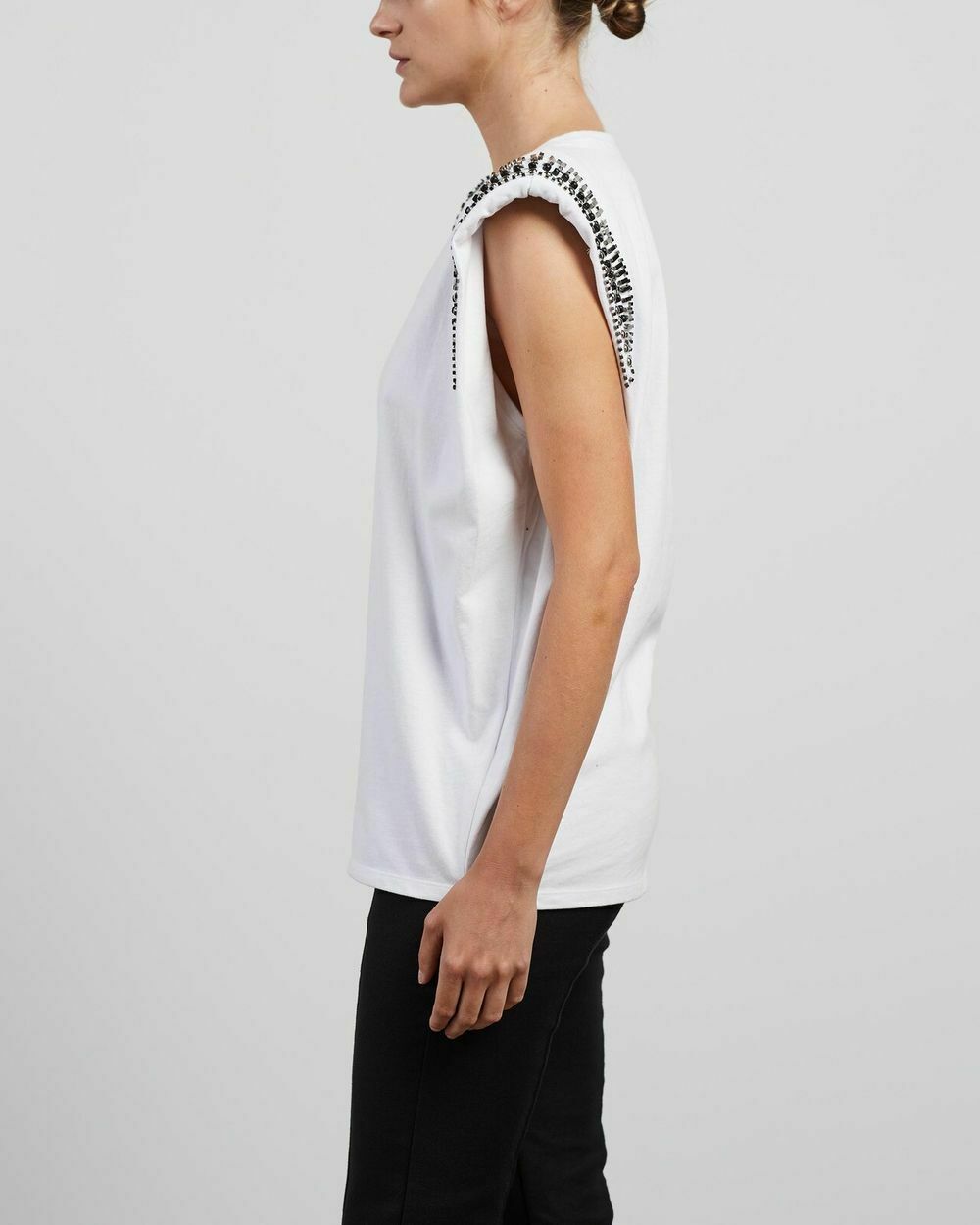 Moon Rider Embellished White Cotton Crew Neck Tee Tank Top