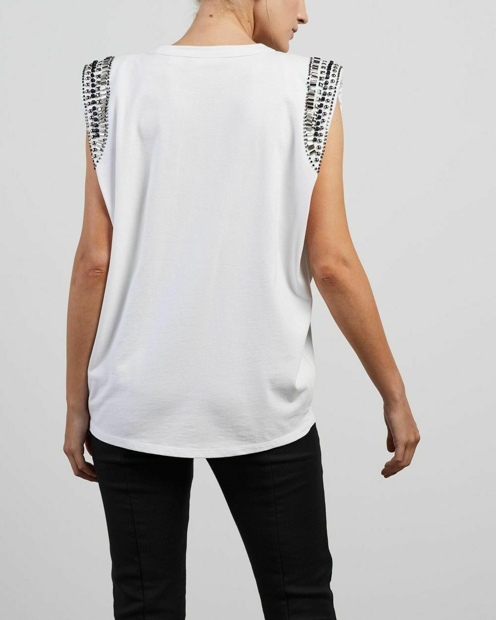 Moon Rider Embellished White Cotton Crew Neck Tee Tank Top