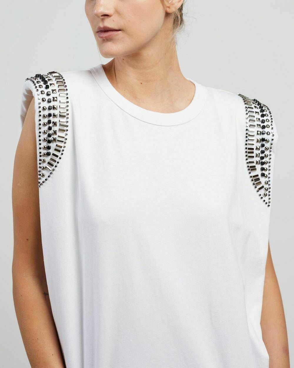 Moon Rider Embellished White Cotton Crew Neck Tee Tank Top