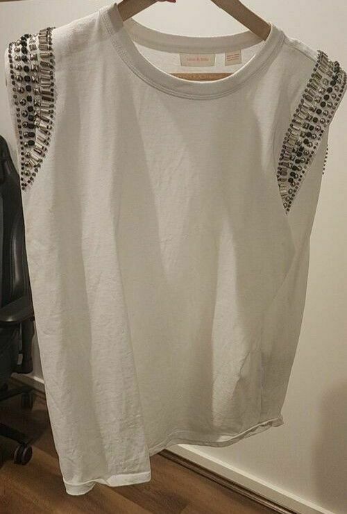 Moon Rider Embellished White Cotton Crew Neck Tee Tank Top