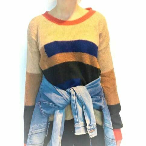 Mohair Knit Colour Block Tan Crew Neck Sweater Jumper RRP$199