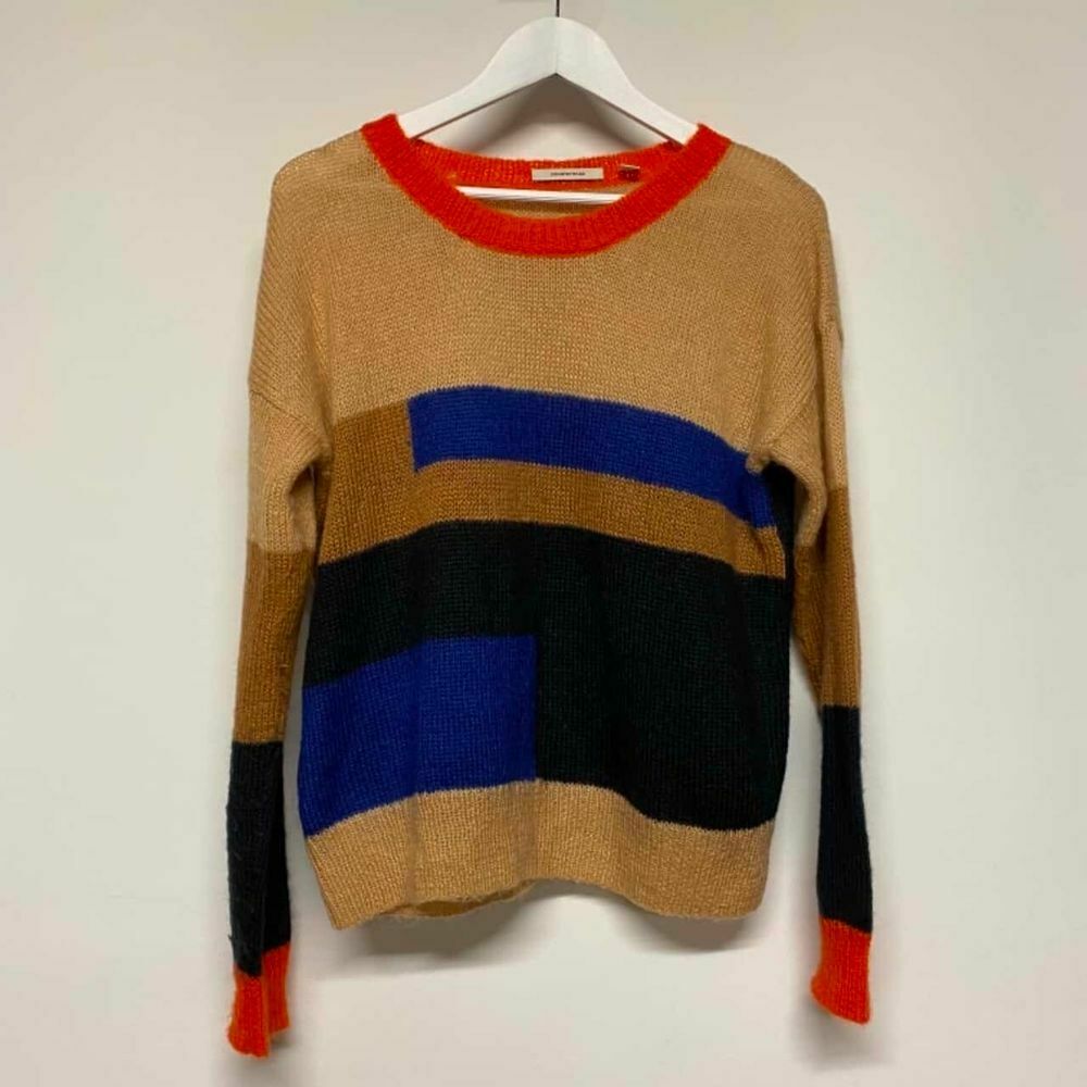 Mohair Knit Colour Block Tan Crew Neck Sweater Jumper RRP$199