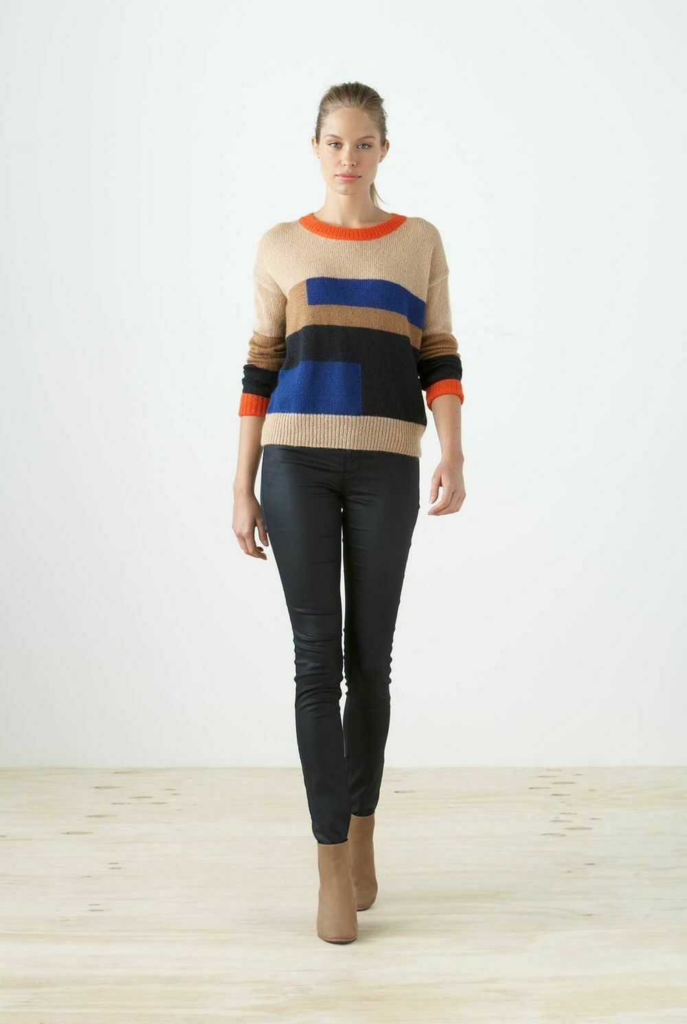Mohair Knit Colour Block Tan Crew Neck Sweater Jumper RRP$199