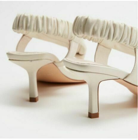 Leather Cream Ruched Thong Ankle Strap Kitten Heels