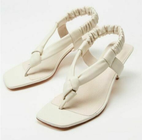 Leather Cream Ruched Thong Ankle Strap Kitten Heels