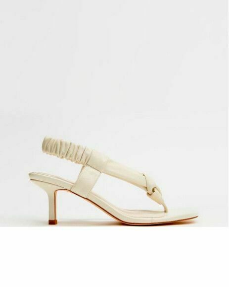 Leather Cream Ruched Thong Ankle Strap Kitten Heels