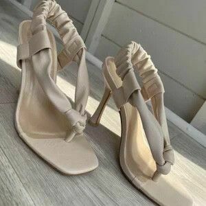 Leather Cream Ruched Thong Ankle Strap Kitten Heels