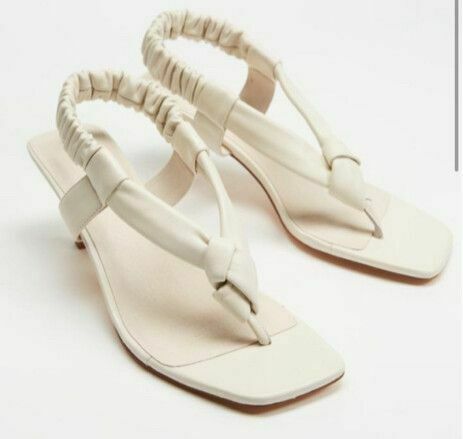 Leather Cream Ruched Thong Ankle Strap Kitten Heels