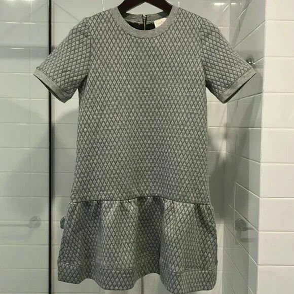 Grey Diamond Quilted Crew Neck Ruffle Hem Drop Waist Dress