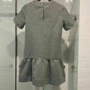 Grey Diamond Quilted Crew Neck Ruffle Hem Drop Waist Dress