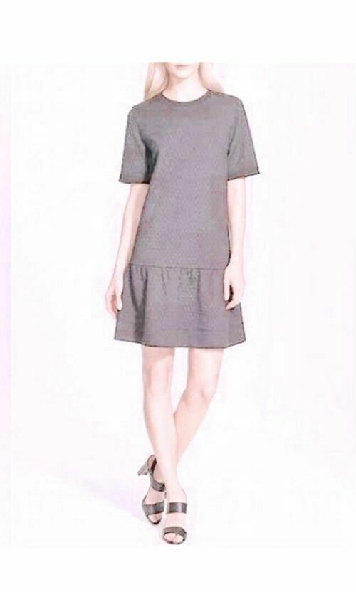 Grey Diamond Quilted Crew Neck Ruffle Hem Drop Waist Dress