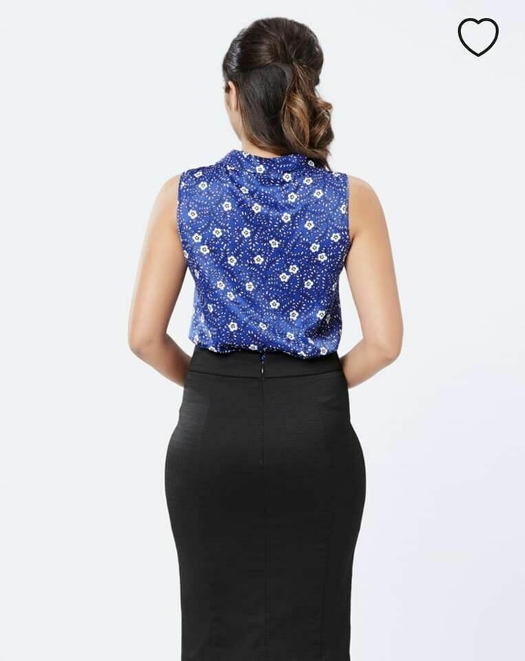 Amia Blue Floral Satin Royce Top Sleeveless Tie Neck Blouse