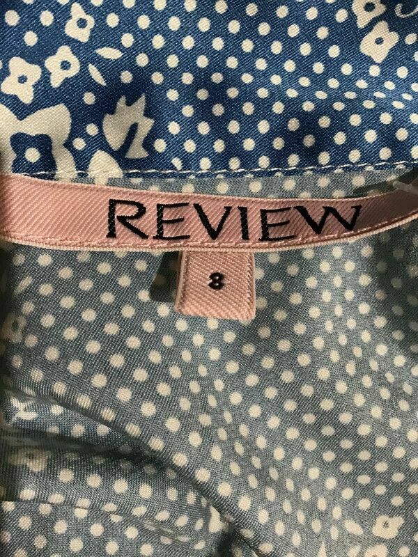 Meg Royce Blue Floral Satin Tie Bow Collar Sleeveless Blouse