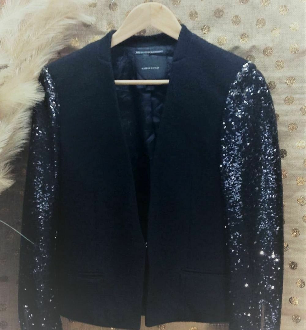 Wool Black Sequin Sleeve Tuxedo Blazer Jacket