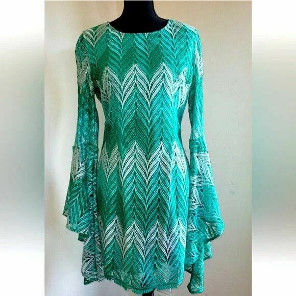 Rise And Fall Green Lace Overlay Bell Sleeve Mini Dress