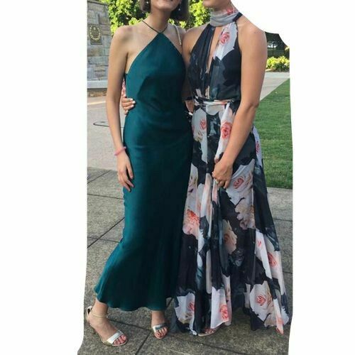 Gisele Halter Bias Teal Satin Formal Maxi Dress