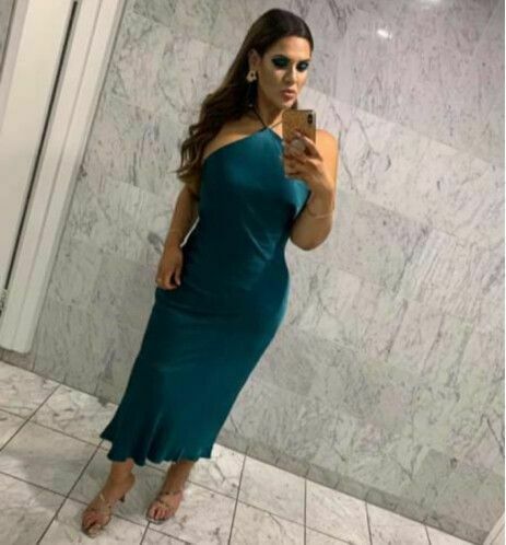 Gisele Halter Bias Teal Satin Formal Maxi Dress