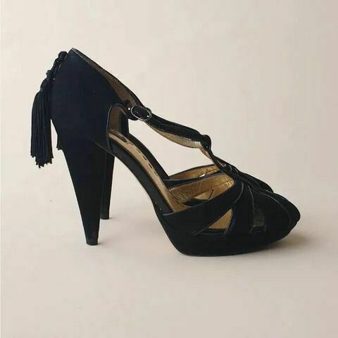 Suede Leather Black T-Bar Peep Toe Heels