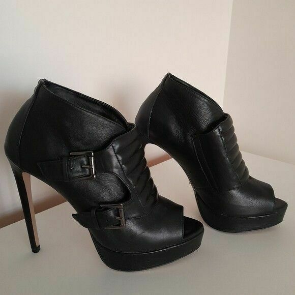 Leather Black Buckle Ankle Boots Peeptoe Bootie Heels