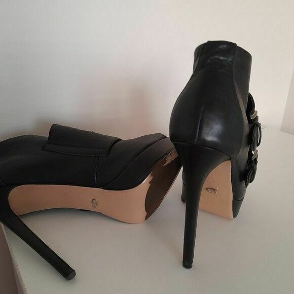 Leather Black Buckle Ankle Boots Peeptoe Bootie Heels