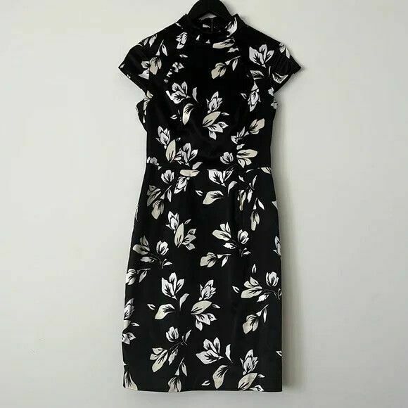 Oriental Black Floral Satin High Neck Fitted Midi Dress