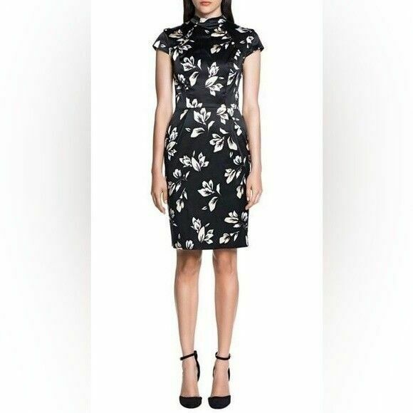 Oriental Black Floral Satin High Neck Fitted Midi Dress