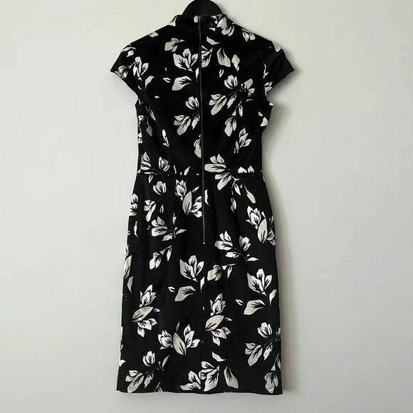 Oriental Black Floral Satin High Neck Fitted Midi Dress