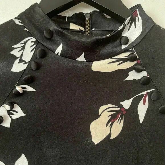 Oriental Black Floral Satin High Neck Fitted Midi Dress