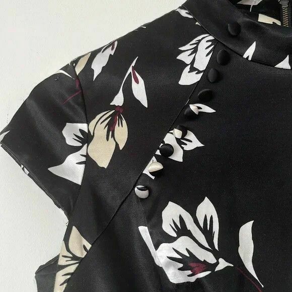 Oriental Black Floral Satin High Neck Fitted Midi Dress