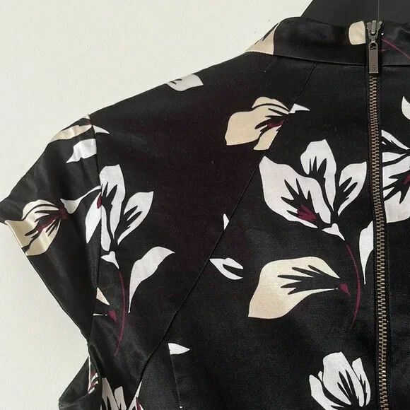 Oriental Black Floral Satin High Neck Fitted Midi Dress