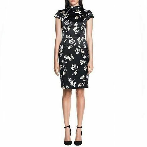 Oriental Black Floral Satin High Neck Fitted Midi Dress