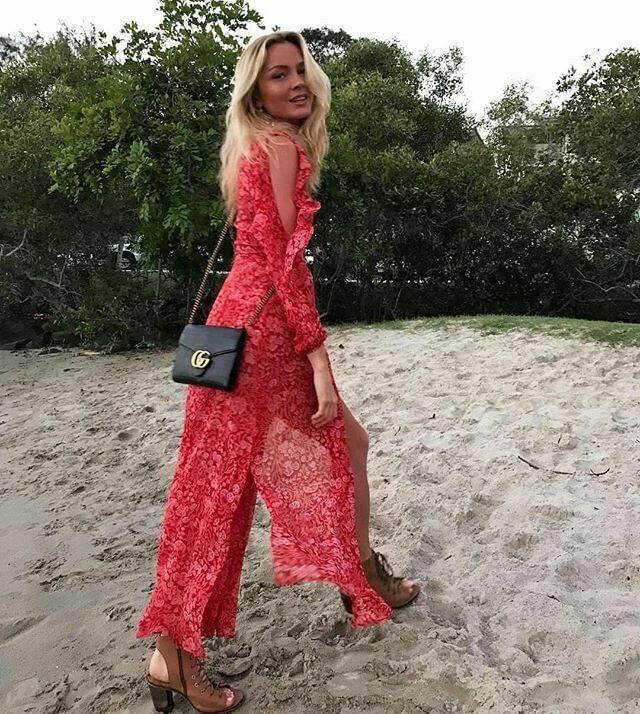  Red Sheer Floral Long Sleeve Cold Shoulder Maxi Wrap Dress