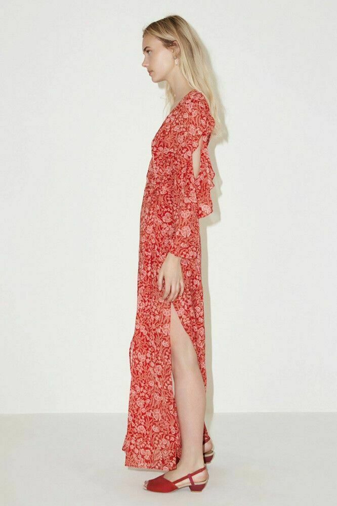  Red Sheer Floral Long Sleeve Cold Shoulder Maxi Wrap Dress