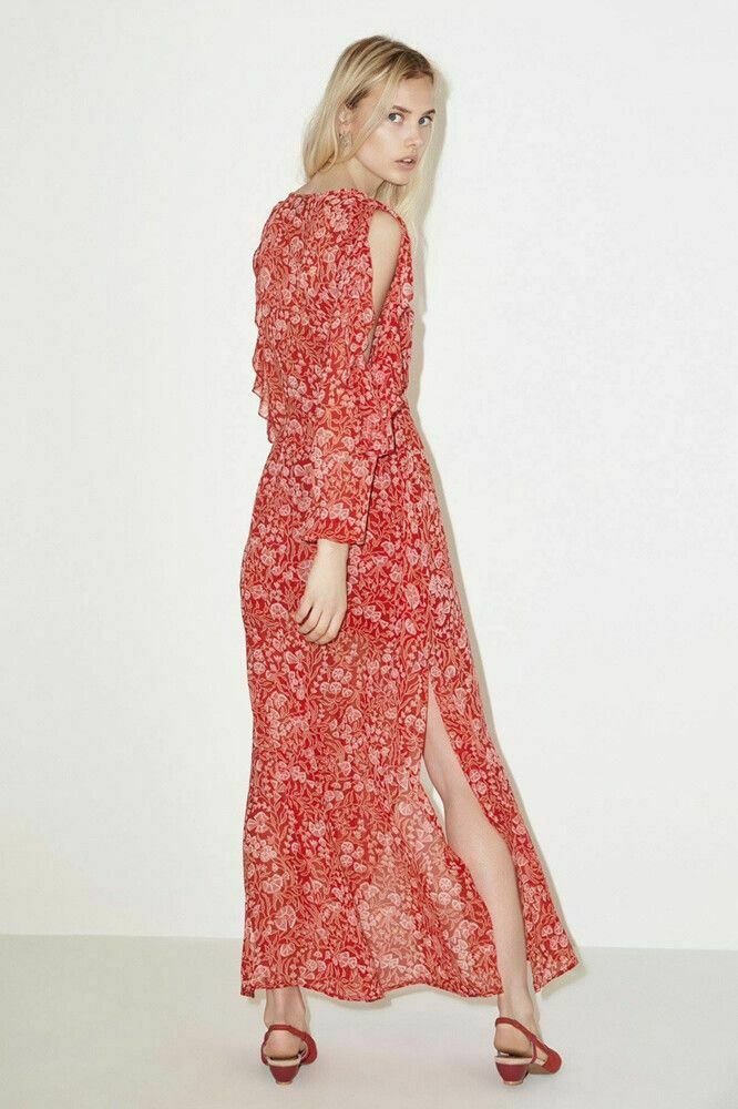  Red Sheer Floral Long Sleeve Cold Shoulder Maxi Wrap Dress